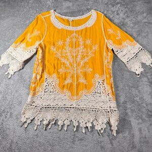 Boho Crochet Lace Embroidered Tunic Womens M Yellow‎ Hippie